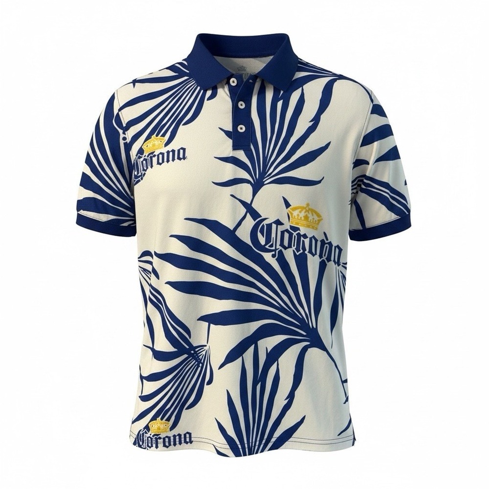 Corona Hawaiian Shirt Mens Medium Blue White Beer Graphic Short Sleeve Button Up